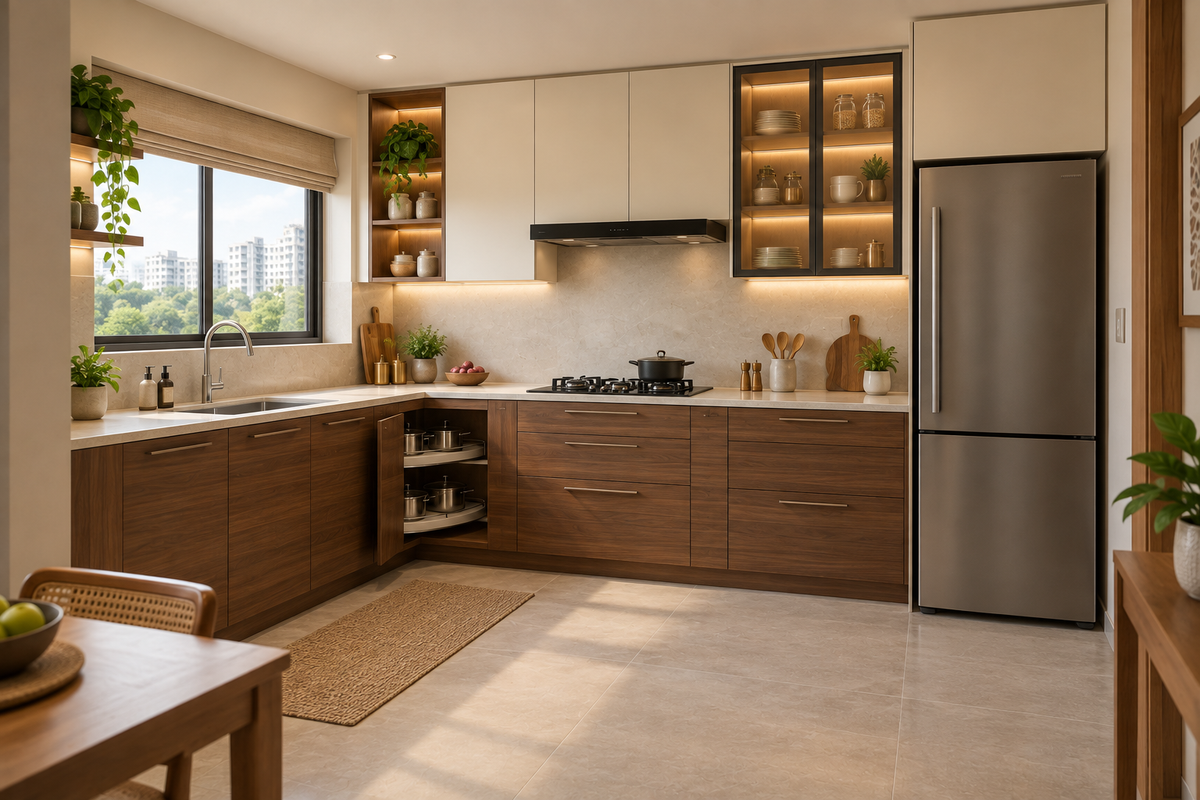 Summit walnut and ivory L-shape modular kitchen