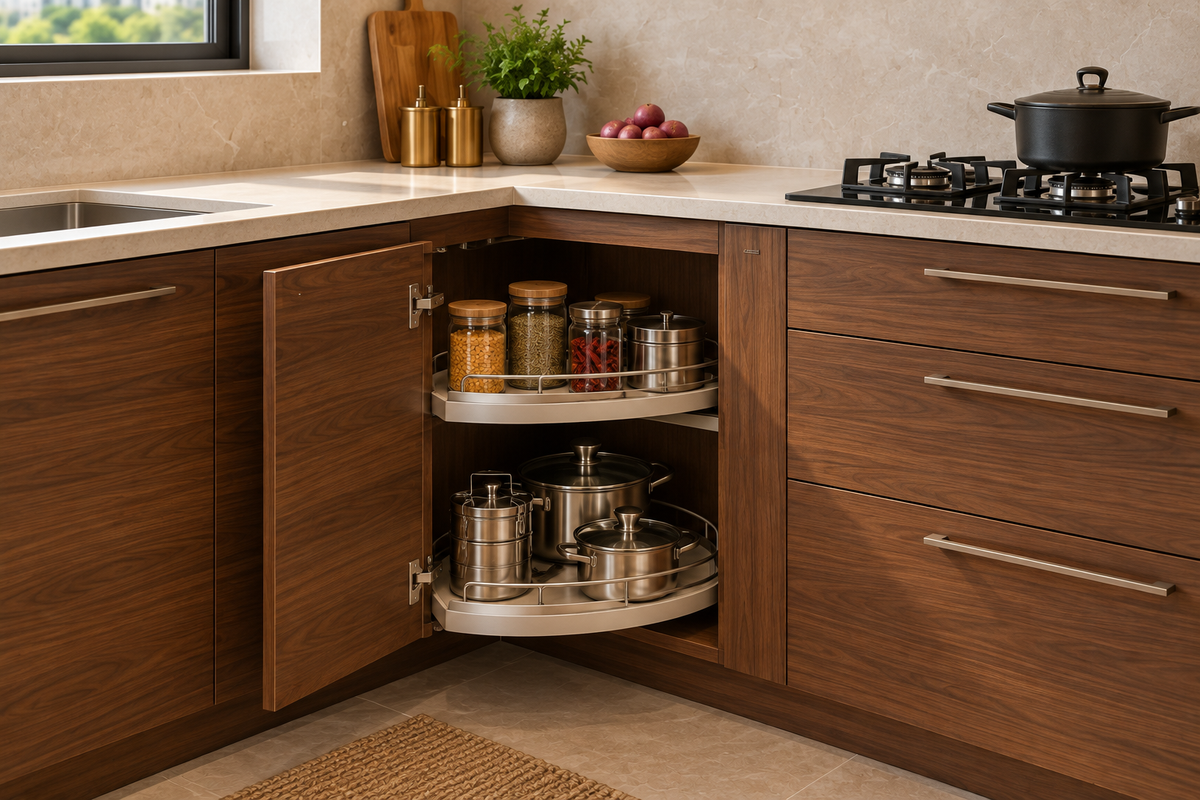 Indian cookware storage detail in Summit kitchen