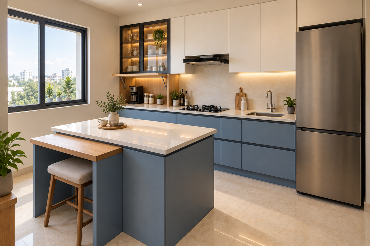 Second angle of the blue island kitchen and coffee preparation niche