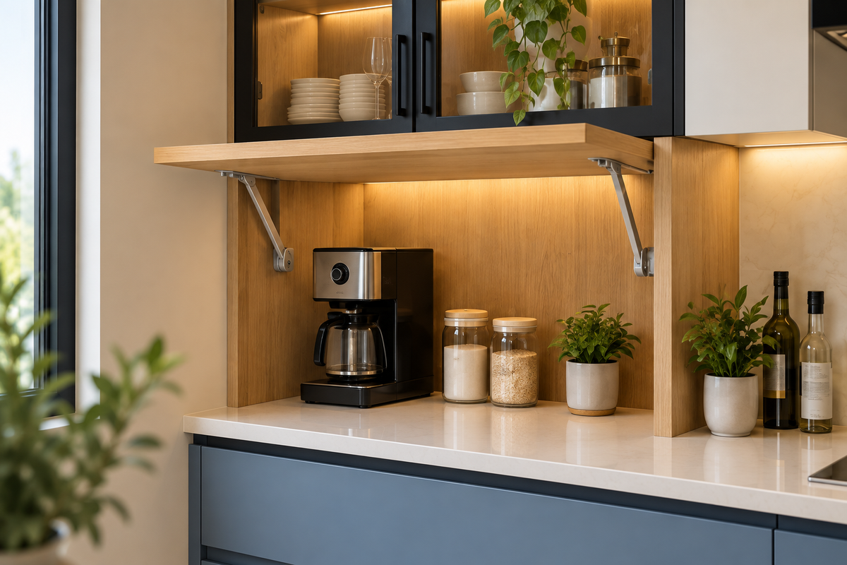 Oak lift-up appliance garage with side support arms and a coffee machine