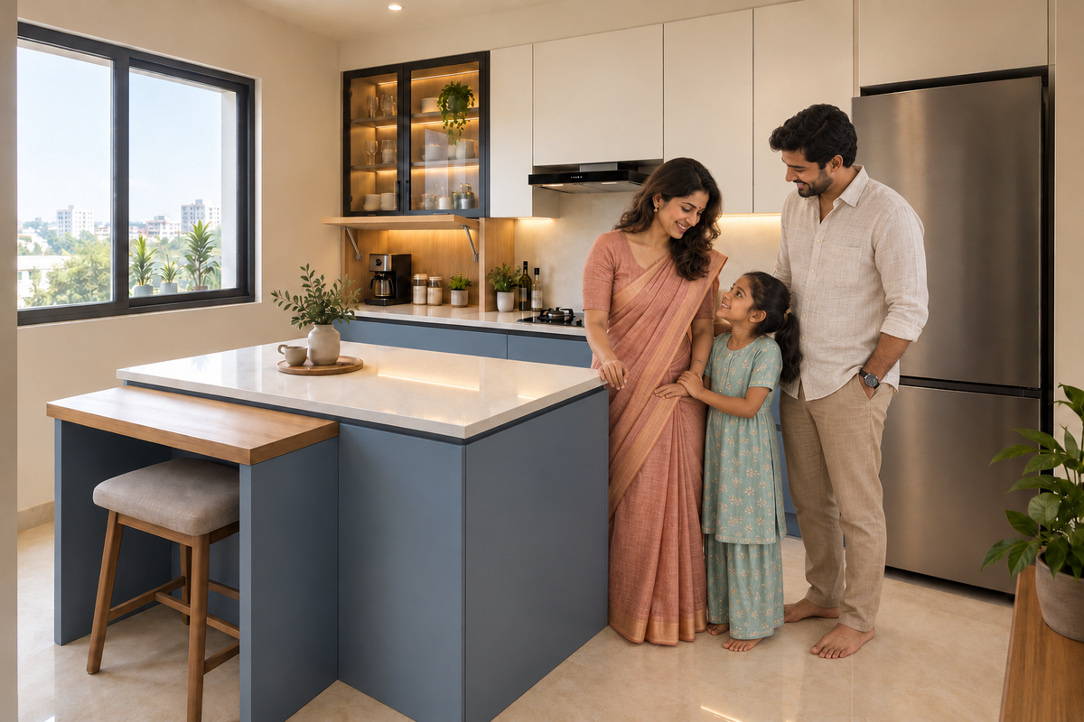 South Indian family enjoying a blue kitchen with a central island