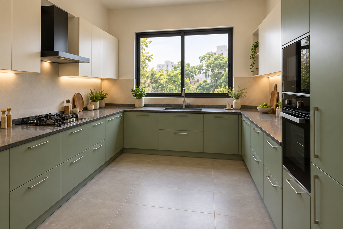 Angled view of a sage U-shaped kitchen with a window-side sink and oven tower