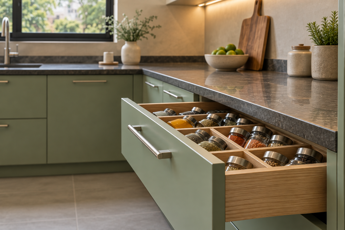 Open sage spice drawer with divided storage beneath a dark granite countertop