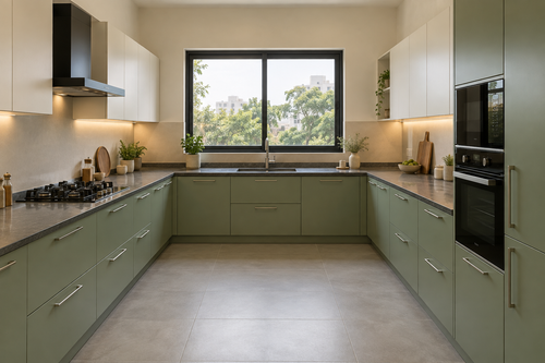 U-shaped kitchen concept with sage cabinets, ivory wall units and dark granite counters