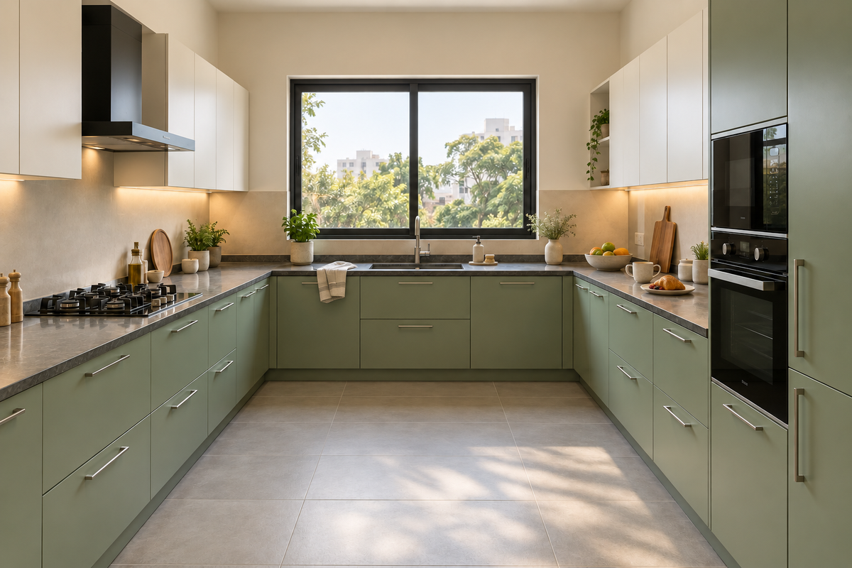 Sage U-shaped kitchen concept with breakfast cups and a plate on the counter