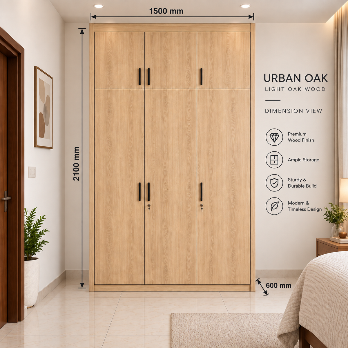 Right Work Urban Oak 3 door modular wardrobe dimensions 1500 mm width 2100 mm height 600 mm depth