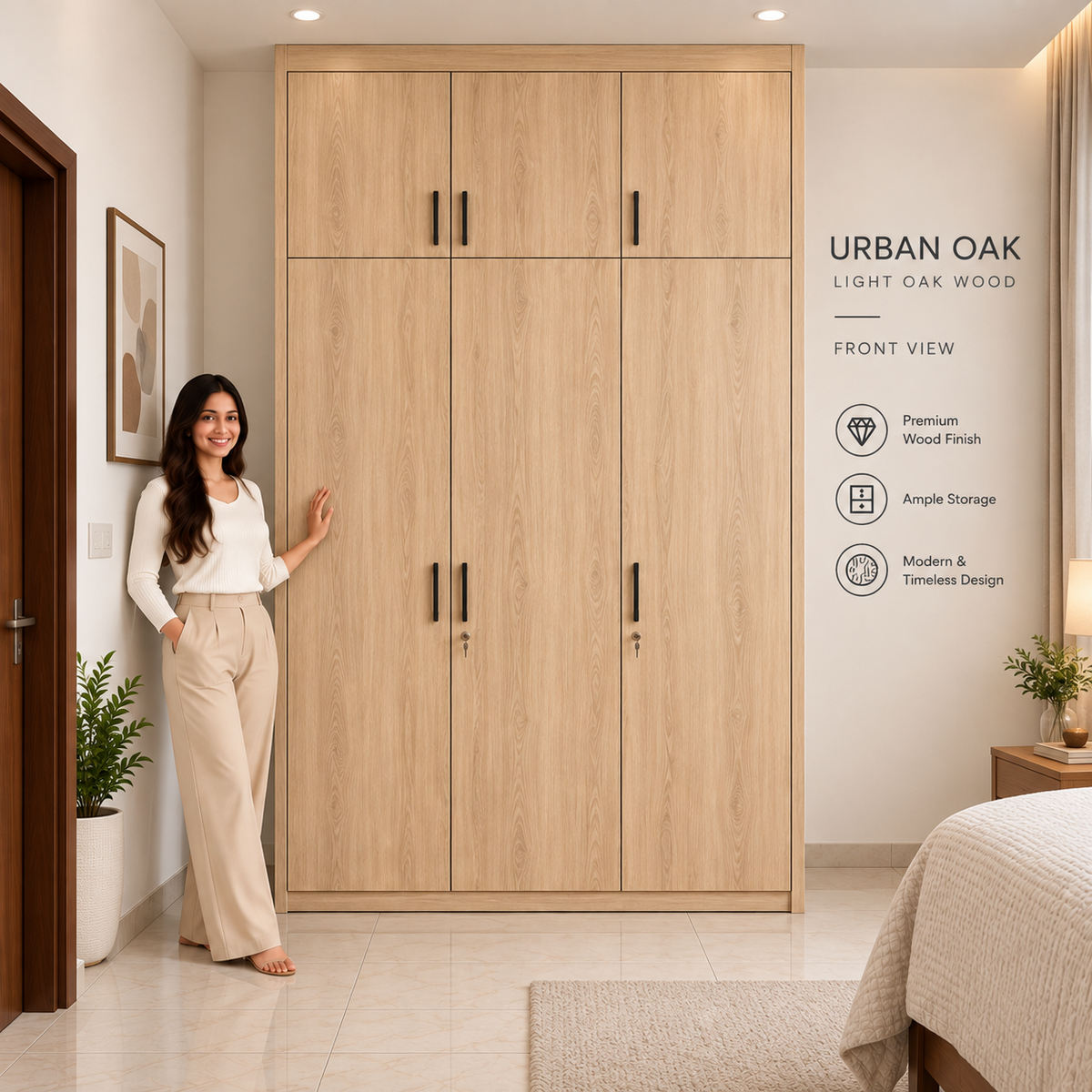 Right Work Urban Oak 3 door modular wardrobe front view with overhead storage
