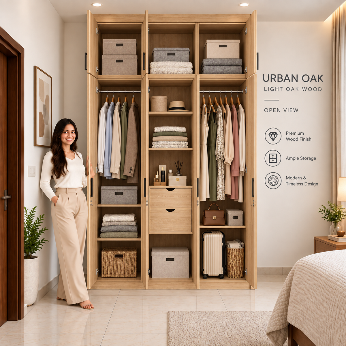 Right Work Urban Oak 3 door modular wardrobe open interior view with shelves hanging and drawers