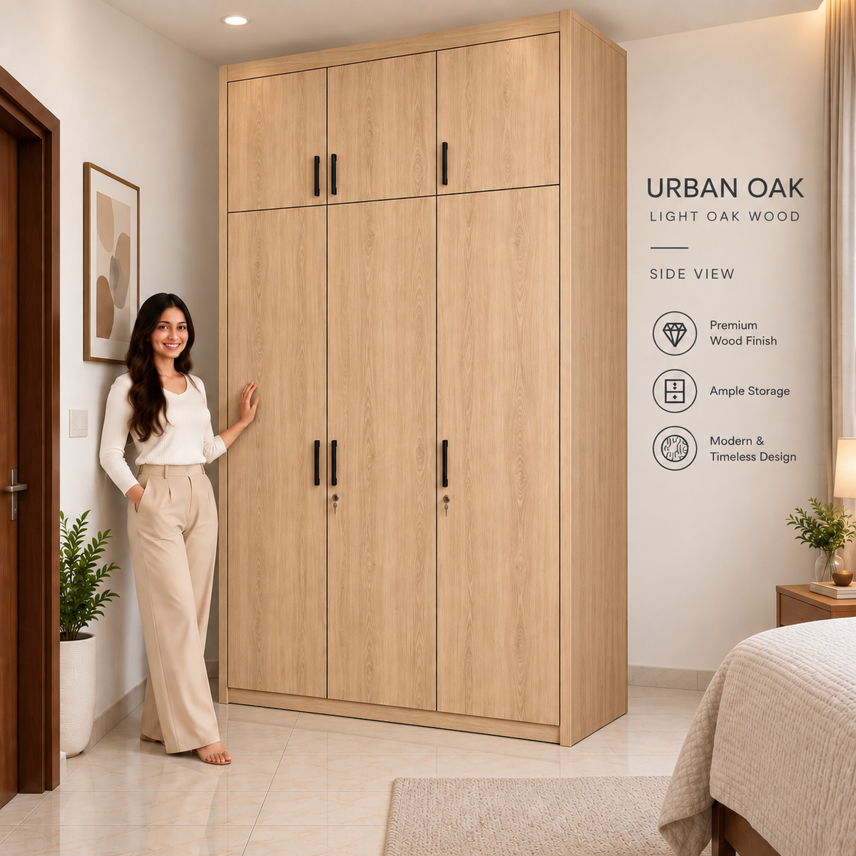 Right Work Urban Oak 3 door modular wardrobe side angle view