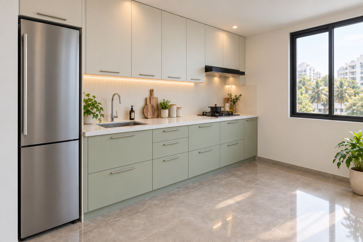 Angled view of the Vista straight kitchen with slim handles and a window to the right