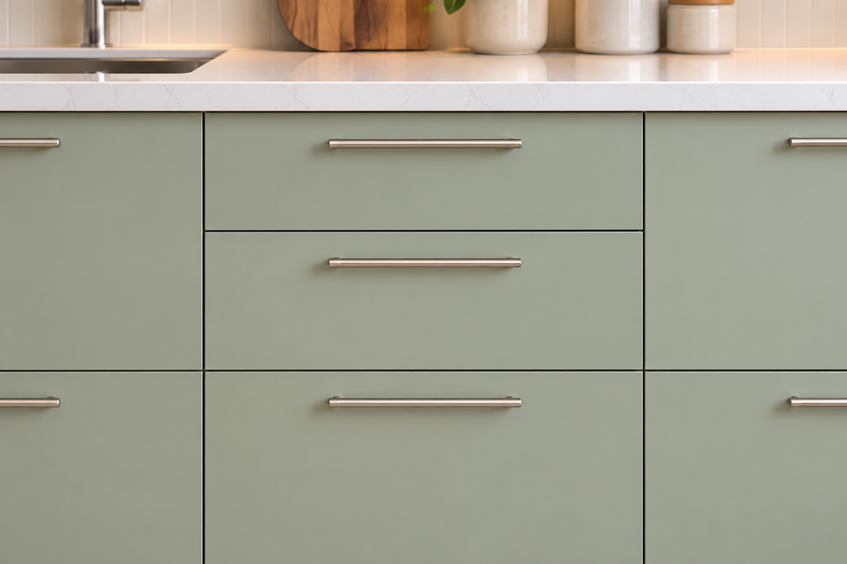 Close-up of pistachio drawer fronts, slim nickel handles and a white quartz counter edge