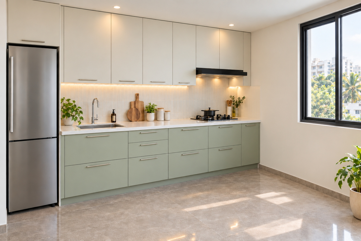 Pale pistachio and ivory straight modular kitchen with a white quartz countertop