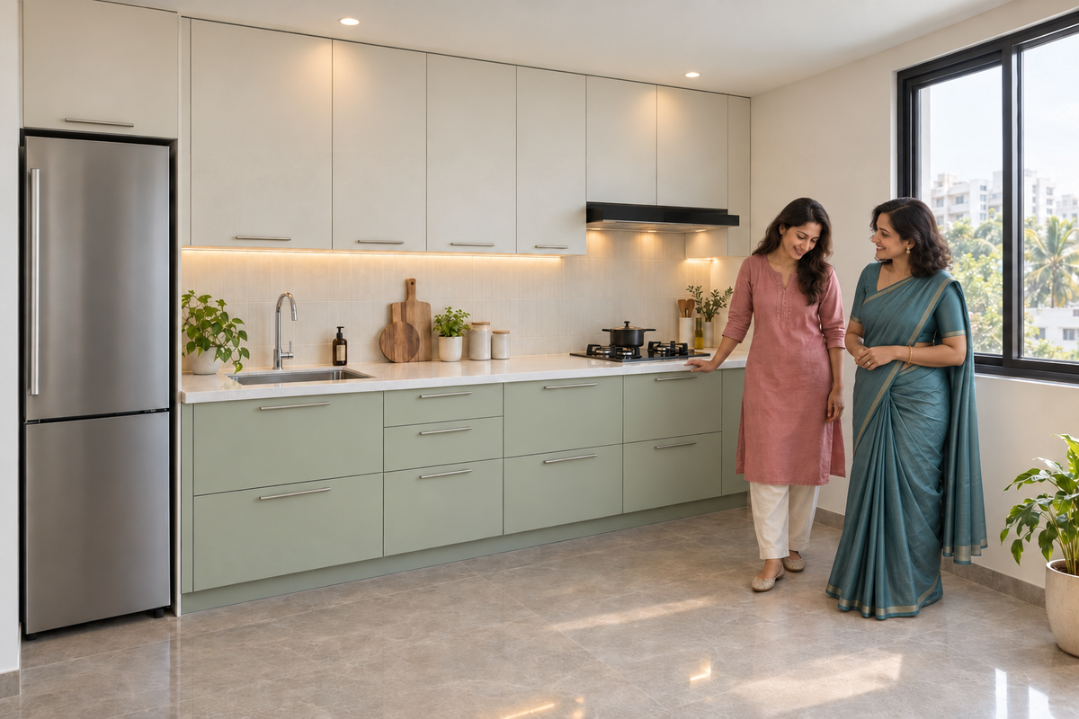 Two smiling Indian homeowners admiring a pale pistachio and ivory straight kitchen, one wearing a teal saree