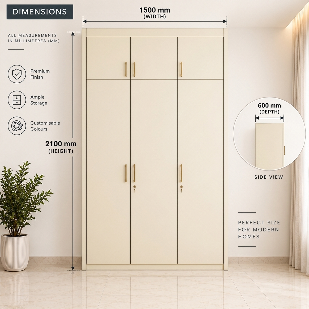 Right Work Warm Ivory 3 door modular wardrobe dimensions 1500 mm width 2100 mm height 600 mm depth
