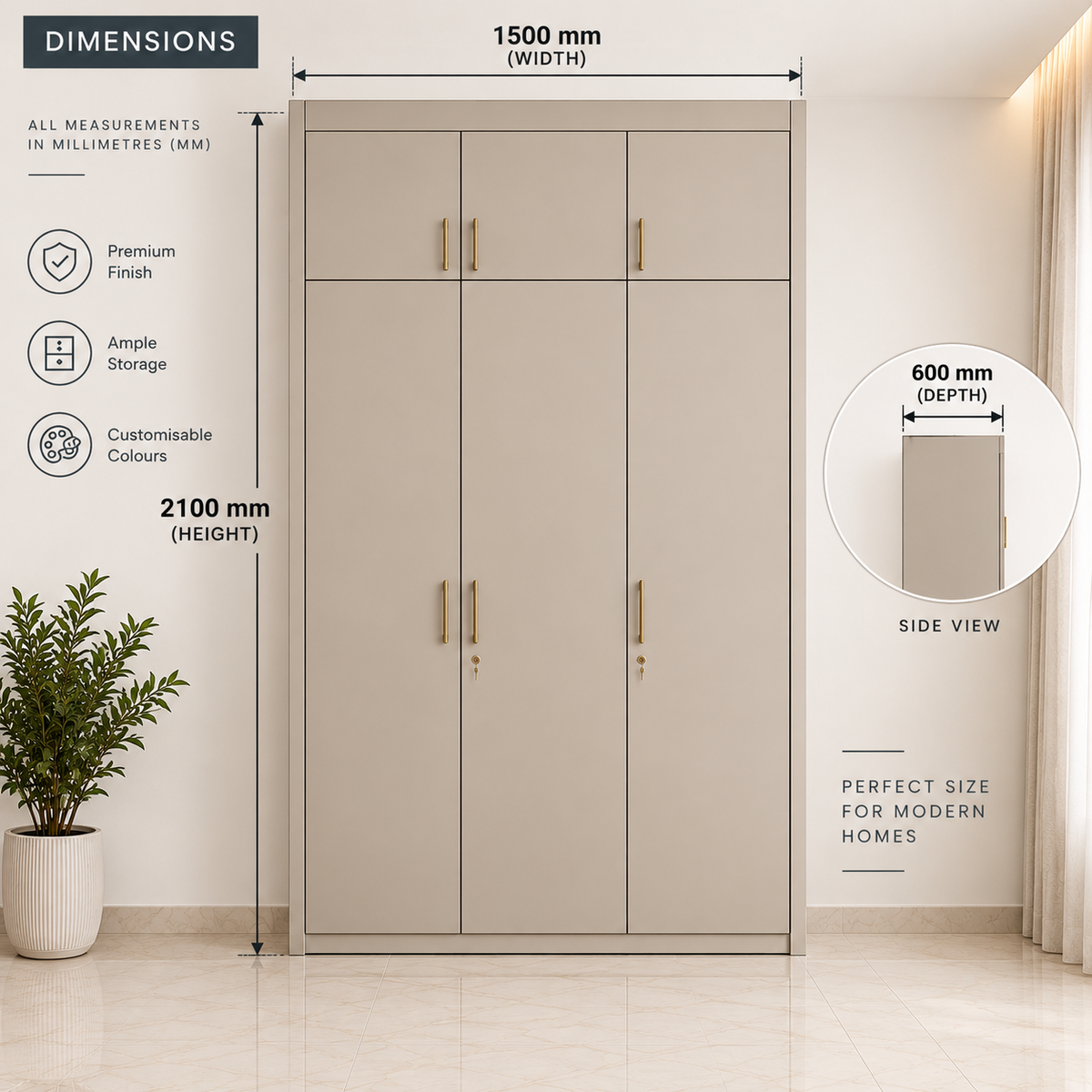 Right Work Warm Taupe 3 door modular wardrobe dimensions 1500 mm width 2100 mm height 600 mm depth
