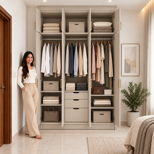 Right Work Warm Taupe 3 door modular wardrobe open interior view with shelves hanging and drawers