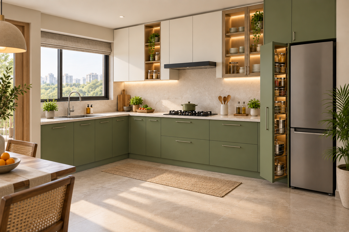 Second angle of Willow L-Shape modular kitchen in Olive & Ivory