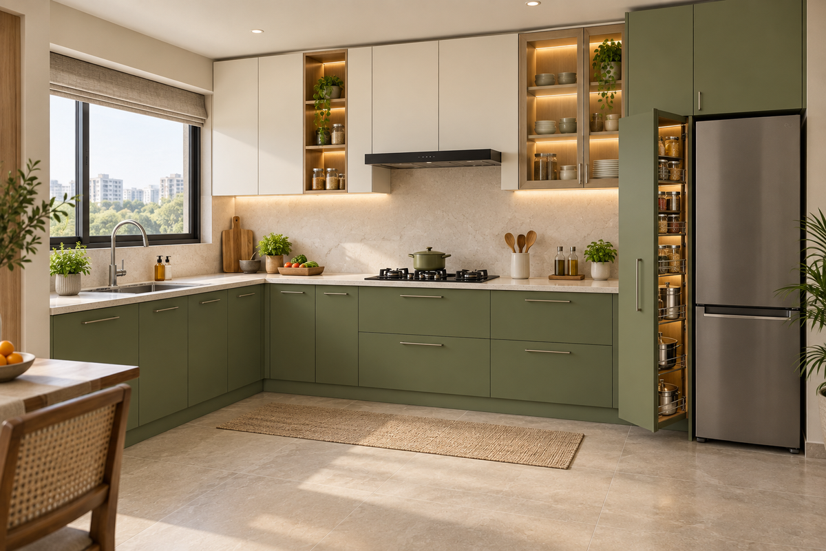 Willow L-Shape modular kitchen in Olive & Ivory by Right Work Interior Bangalore