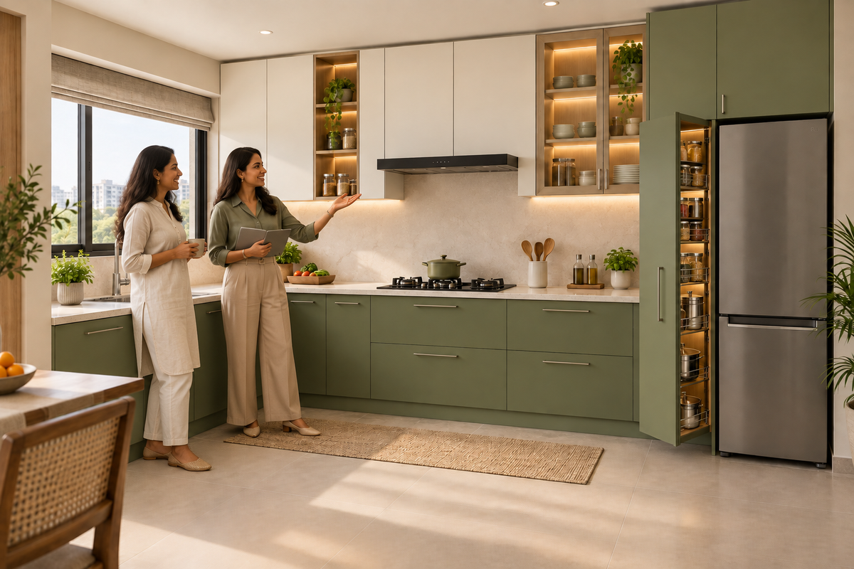 Indian homeowners with the Willow L-Shape modular kitchen in Olive & Ivory