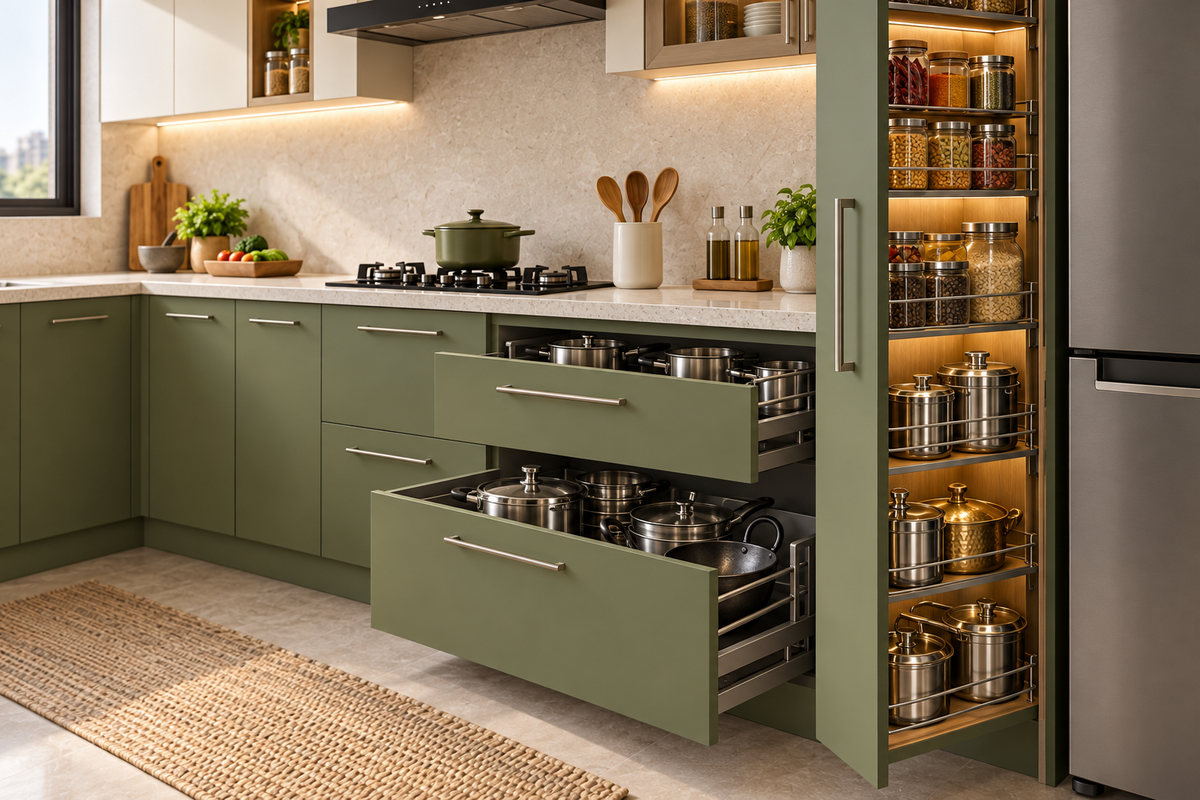Cabinet and storage detail in Willow L-Shape modular kitchen