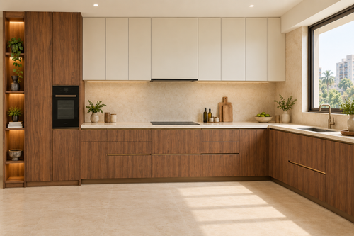 Frontal view of walnut kitchen cabinetry with cream upper units and an oven tower