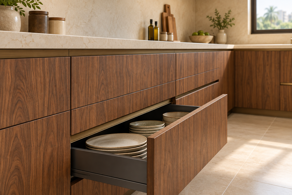 Open walnut kitchen drawer storing ceramic plates beneath a pale quartz countertop