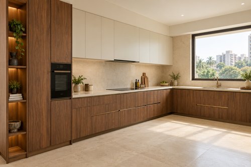 Walnut and cream kitchen concept with tall storage and a broad window-side sink
