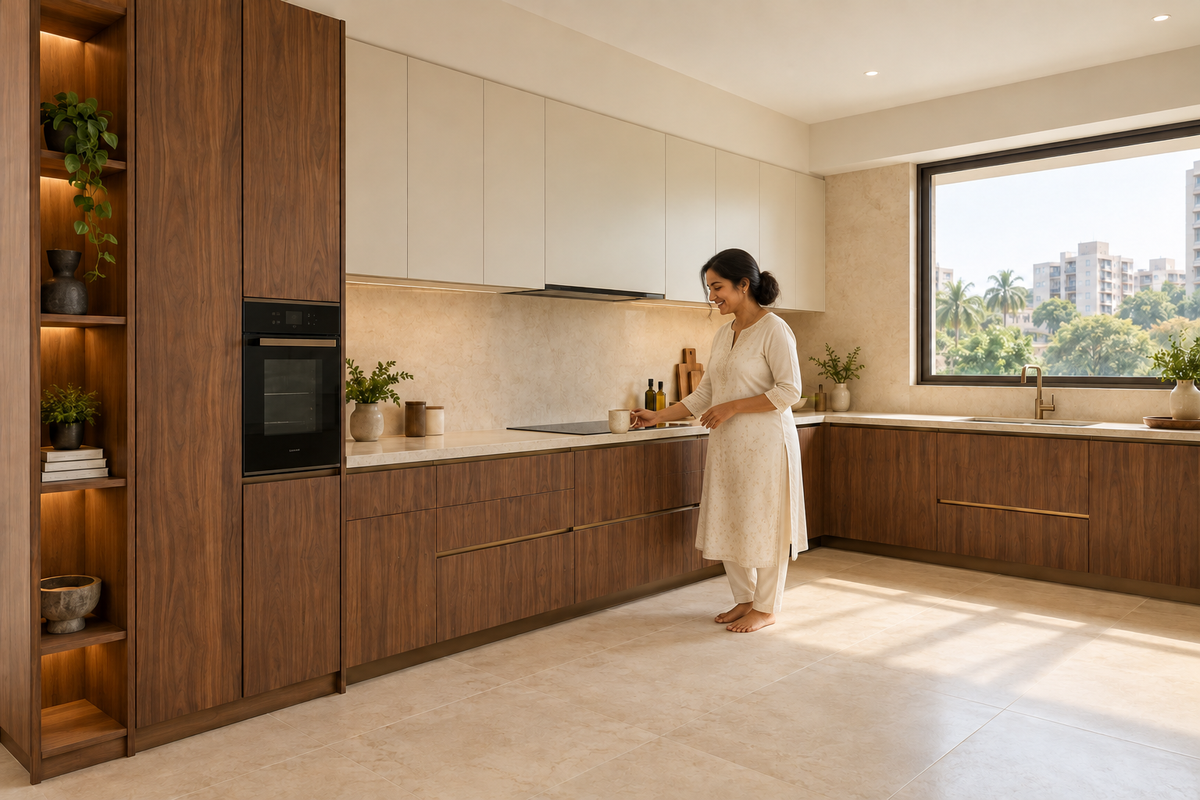 Indian homeowner placing a cup on the counter in a walnut and cream kitchen