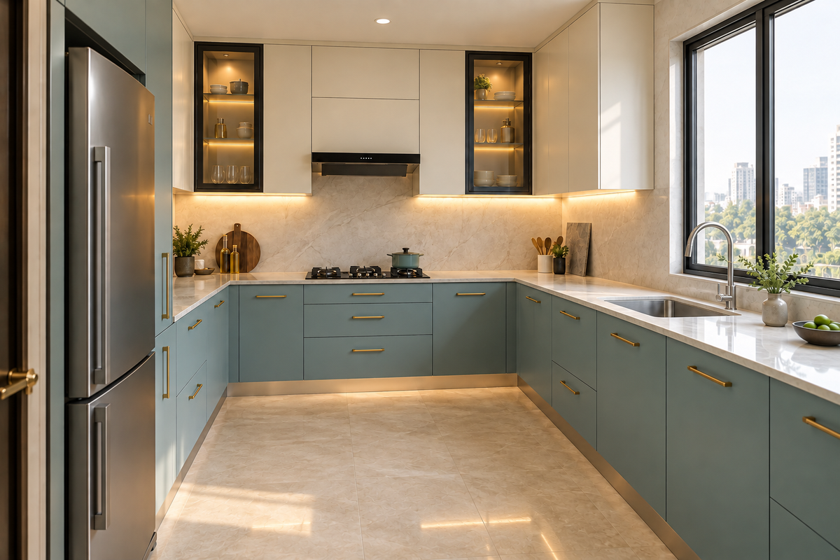 Second view of the blue U-shaped kitchen and quartz counters