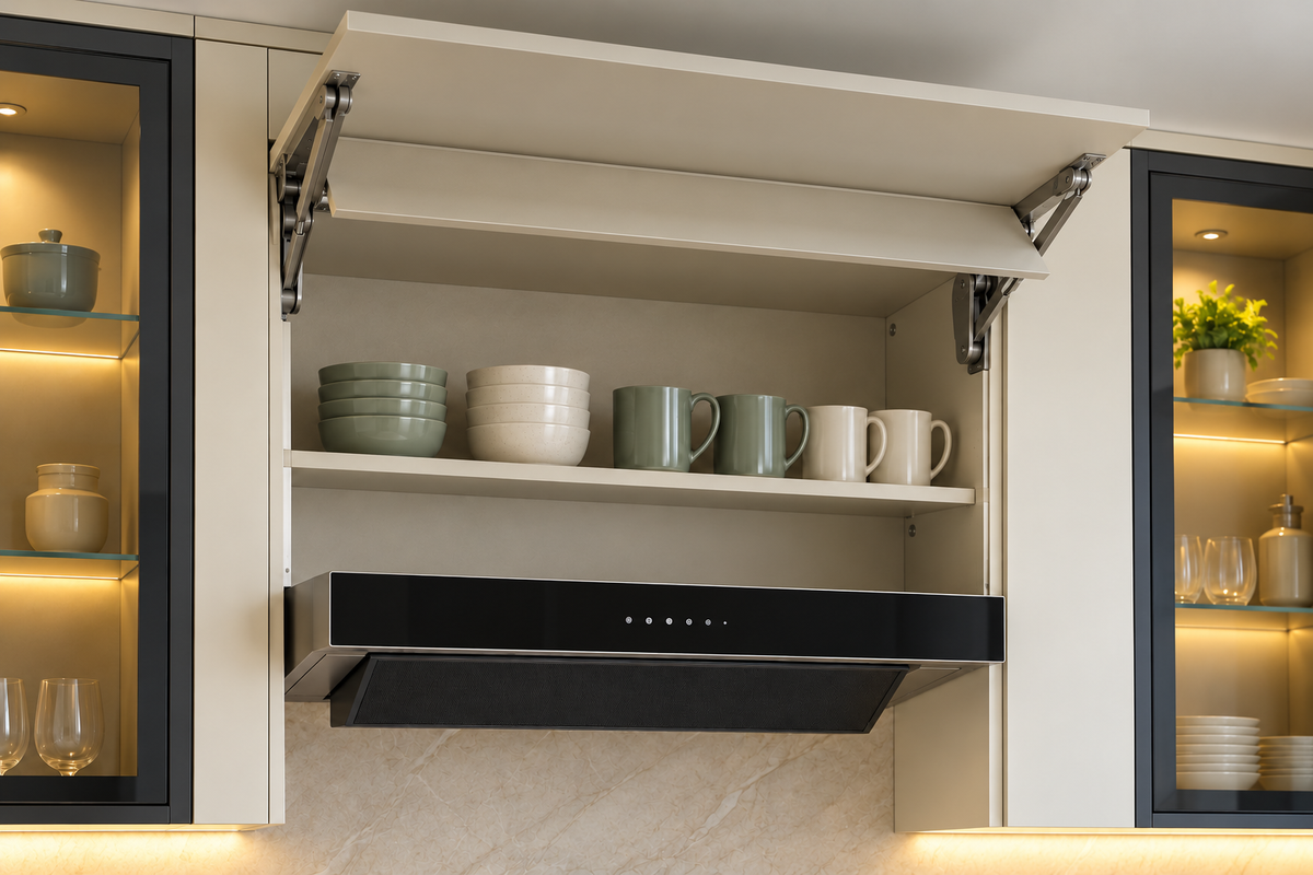Ivory bifold lift-up cupboard with side lift mechanisms and cup storage