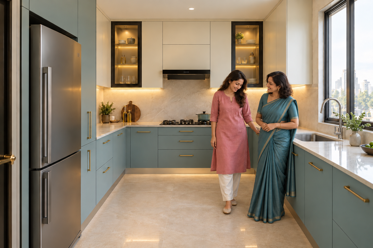 Two smiling Indian women admiring a blue U-shaped kitchen