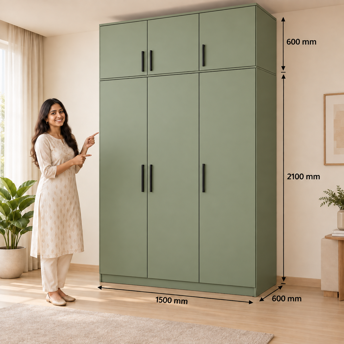 Sage Green 3 door wardrobe with loft - dimensions, 3 doors and 3 handles