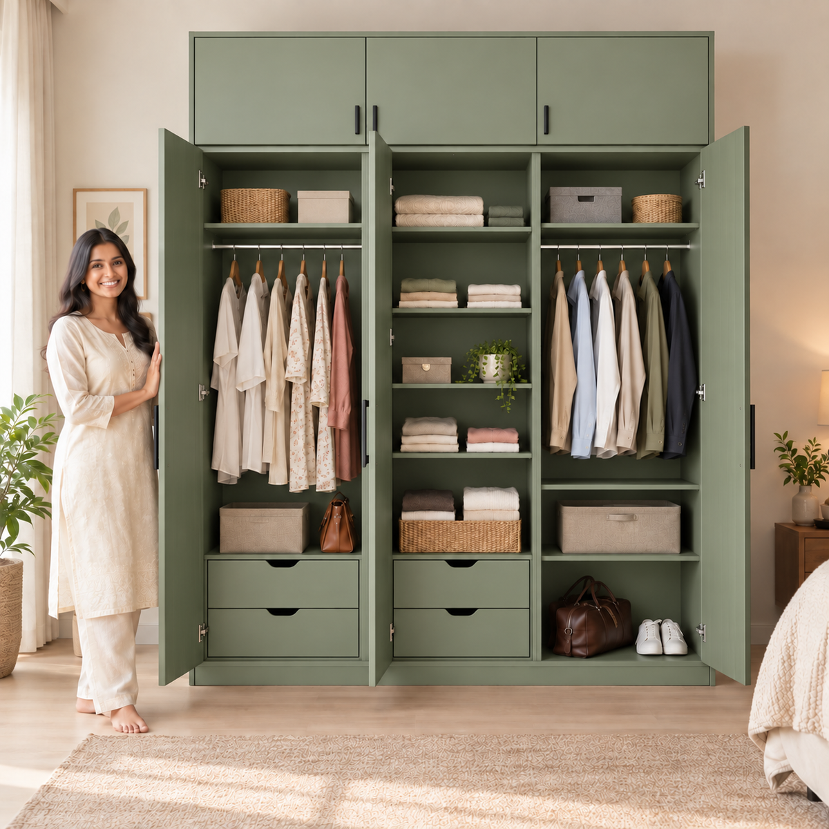 Sage Green 3 door wardrobe with loft - exactly 3 open doors and 3 internal sections
