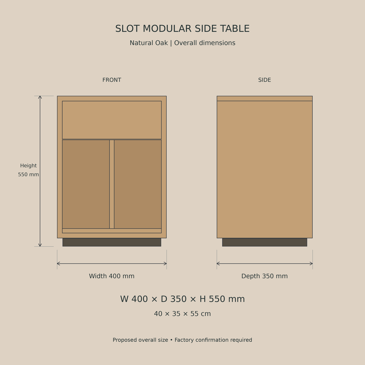 Slot Natural Oak measurement, W400 D350 H550 mm