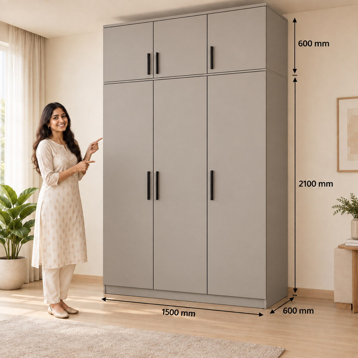 Stone Grey 3 door wardrobe with loft - dimensions, 3 doors and 3 handles