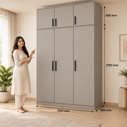 Stone Grey 3 door wardrobe with loft - dimensions, 3 doors and 3 handles