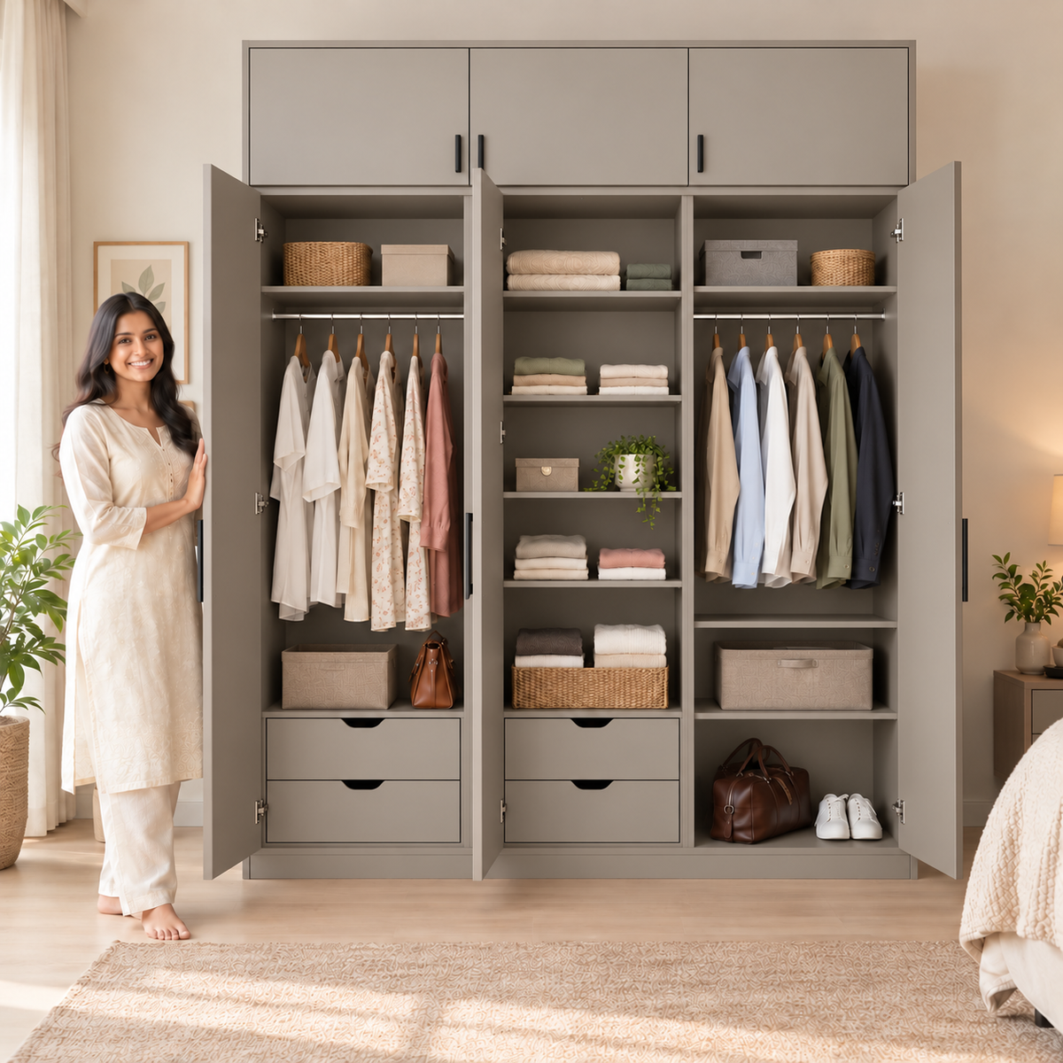 Stone Grey 3 door wardrobe with loft - exactly 3 open doors and 3 internal sections