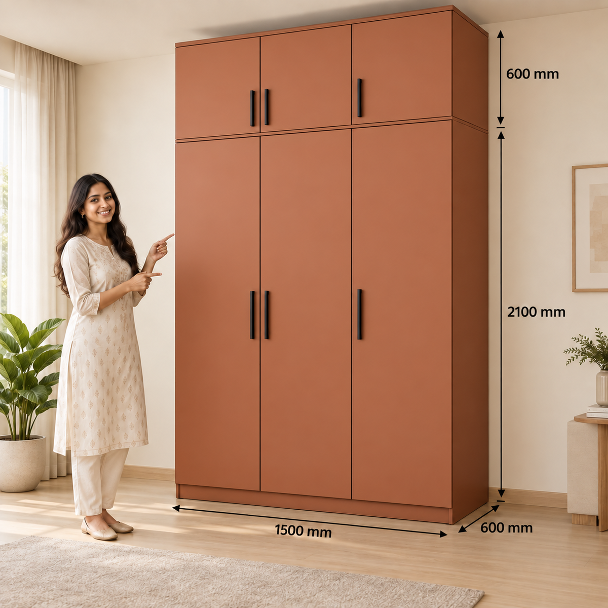 Terracotta 3 door wardrobe with loft - dimensions, 3 doors and 3 handles