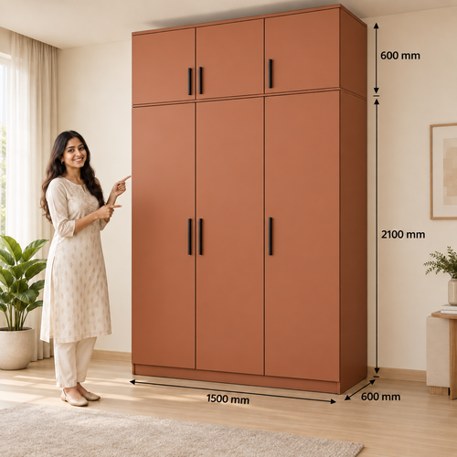 Terracotta 3 door wardrobe with loft - dimensions, 3 doors and 3 handles