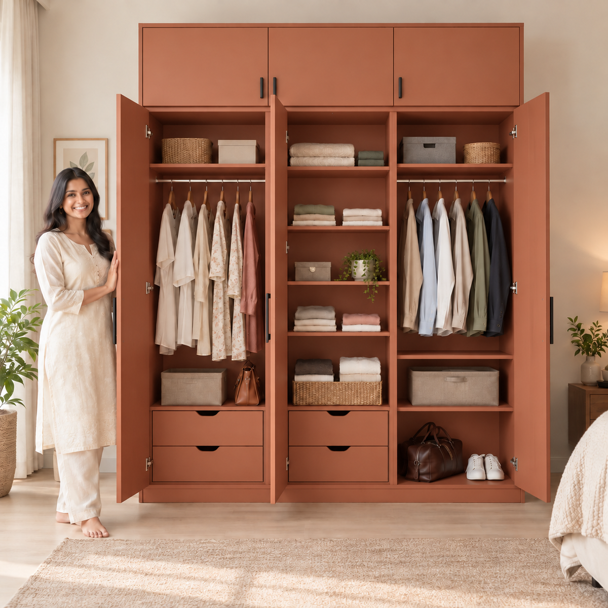 Terracotta 3 door wardrobe with loft - exactly 3 open doors and 3 internal sections