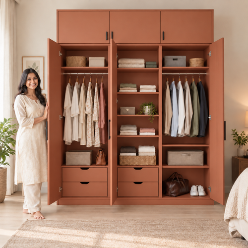 Terracotta 3 door wardrobe with loft - exactly 3 open doors and 3 internal sections