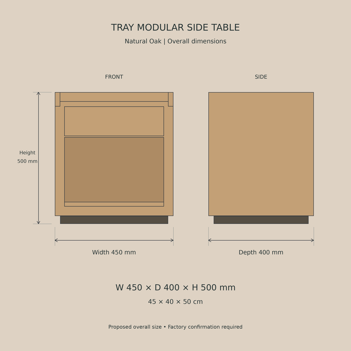 Tray Natural Oak measurement view