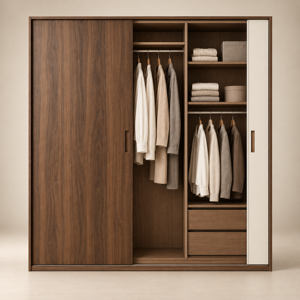 Verona sliding wardrobe open internal view with hanging space shelves and drawers