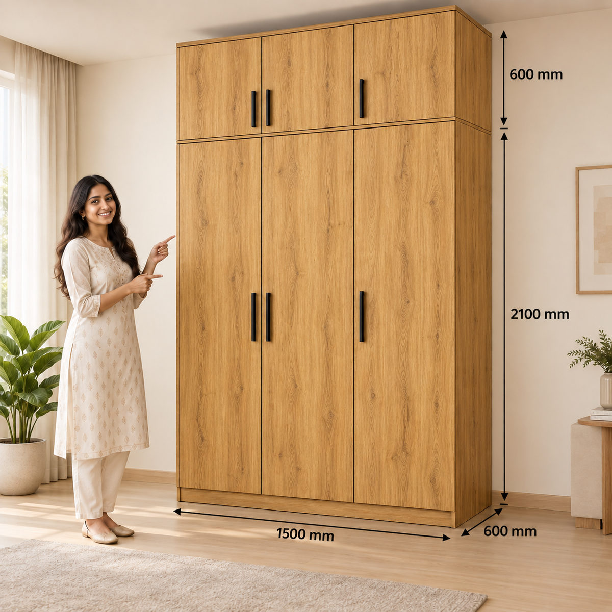 Warm Oak 3 door wardrobe with loft - dimensions, 3 doors and 3 handles